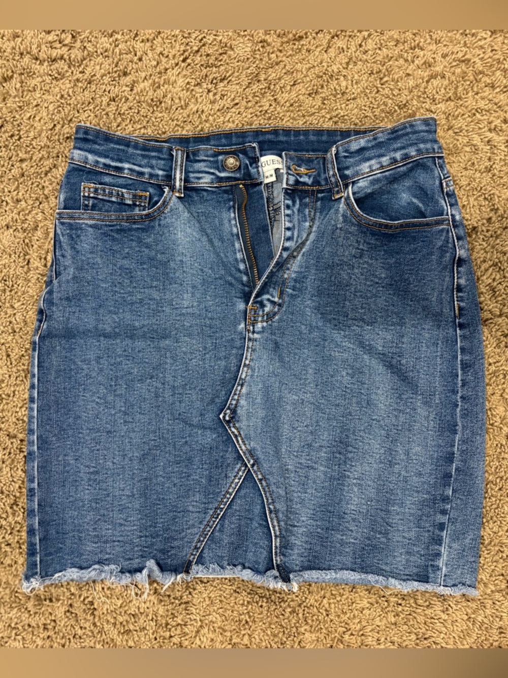 Guess Medium Blue Denim Skirt with Frayed Hem